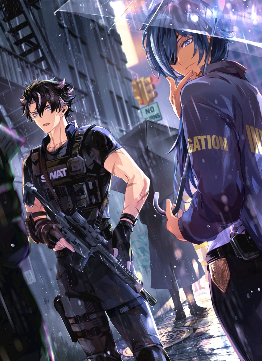 2boys black_coat black_gloves black_hair black_pants blue_eyes blue_hair closed_mouth coat dark-skinned_male dark_skin earrings eyepatch fingerless_gloves genshin_impact gloves grey_hair gun hair_between_eyes highres holding holding_gun holding_umbrella holding_weapon jewelry kaeya_(genshin_impact) long_hair male_focus mori_morii multicolored_hair multiple_boys open_mouth pants police police_uniform rain short_hair smile streaked_hair traffic_light umbrella uniform weapon wriothesley_(genshin_impact)