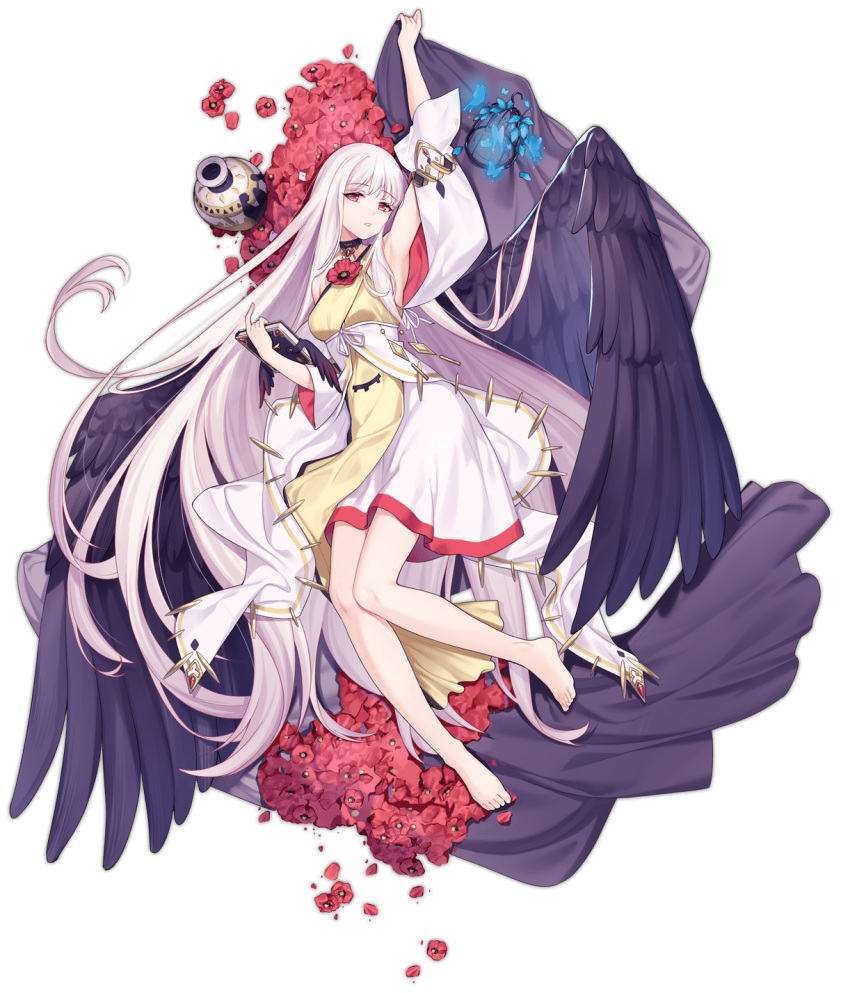 1girl absurdly_long_hair ark_order armpits barefoot bed_sheet black_wings blue_butterfly book bug butterfly cage detached_sleeves dress feathered_wings flower full_body gold_trim highres holding holding_book holding_sheet hypnos_(ark_order) jewelry lan_ren_hui long_hair long_sleeves looking_at_viewer lying neck_flower necklace official_art on_back parted_lips pink_flower pink_hair red_eyes solo sparkle transparent_background two-tone_dress very_long_hair white_dress wings yellow_dress