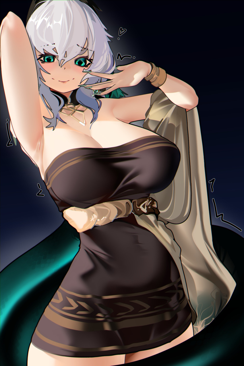 1girl absurdres arknights arm_up armpits black_dress bracelet breasts commentary covered_navel cowboy_shot dress green_eyes grey_hair head_wings highres ho'olheyak_(arknights) ho'olheyak_(carriage_of_the_winds_of_time)_(arknights) jewelry large_breasts looking_at_viewer medium_hair mini_person naxius_noxy official_alternate_costume shawl smile snake_tail solo strapless strapless_dress symbol-only_commentary tail wings