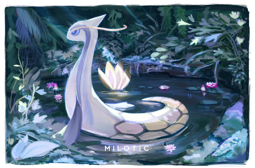 alternate_color animal_focus border character_name commentary flower highres lotus milotic natsumekan no_humans pink_flower plant pokemon pokemon_(creature) pond scales shiny_pokemon tail water white_border