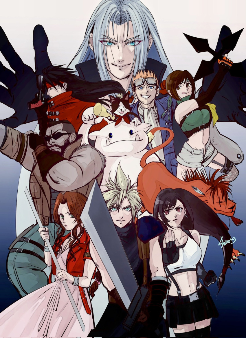 3girls 6+boys aerith_gainsborough animal bare_shoulders barret_wallace black_gloves black_hair black_skirt black_thighhighs blonde_hair blue_eyes blue_jacket brown_hair brown_vest buster_sword cait_sith_(ff7) cat cid_highwind cloak closed_mouth cloud_strife commentary_request cowboy_shot crop_top dark-skinned_male dark_skin dress fighting_stance final_fantasy final_fantasy_vii final_fantasy_vii_rebirth final_fantasy_vii_remake fingerless_gloves gloves goggles goggles_on_head green_eyes grey_hair grin hairband highres holding holding_staff holding_sword holding_weapon jacket long_hair looking_at_viewer midriff moogle multiple_boys multiple_girls parted_bangs pink_dress red_cloak red_eyes red_fur red_jacket red_xiii sephiroth shinogu_r short_hair shorts skirt sleeveless sleeveless_turtleneck smile staff sunglasses sweater sword tank_top thighhighs tifa_lockhart turtleneck turtleneck_sweater vest vincent_valentine weapon white_tank_top yuffie_kisaragi