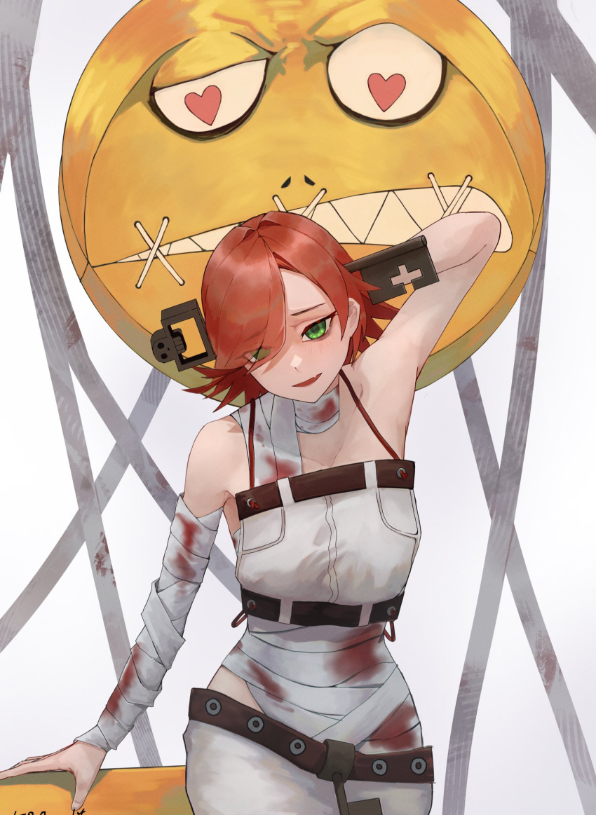 1girl a.b.a bags_under_eyes bandaged_chest bandaged_neck bandages bare_shoulders blood blood_on_bandages chain green_eyes guilty_gear guilty_gear_xx hair_over_one_eye highres key_in_head kurutontyan looking_at_viewer object_through_head pale_skin paracelsus_(guilty_gear) red_hair short_hair stitched_mouth stitches