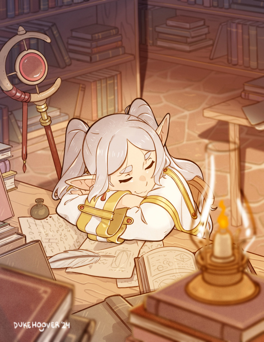 1girl :3 absurdres artist_name blurry blurry_foreground book book_stack closed_eyes crossed_arms dated dukehooverart elf frieren hashtag-only_commentary highres indoors ink_bottle lantern library long_hair long_sleeves mage_staff paper parted_bangs pointy_ears quill sitting sleeve_cuffs solo sousou_no_frieren staff table thick_eyebrows twintails white_hair