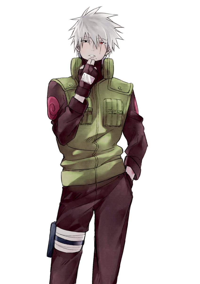 1boy black_gloves black_headband black_pants black_sleeves cowboy_shot fingerless_gloves flak_jacket gloves goma1132 green_jacket hair_between_eyes hand_in_pocket hatake_kakashi headband headband_over_one_eye highres jacket male_focus mask mask_pull mouth_mask naruto_(series) ninja ninja_mask pale_skin pants parted_lips pouch scar scar_across_eye sharingan short_hair simple_background sleeveless sleeveless_jacket solo spiked_hair teeth thigh_pouch uzumaki_symbol white_background white_hair