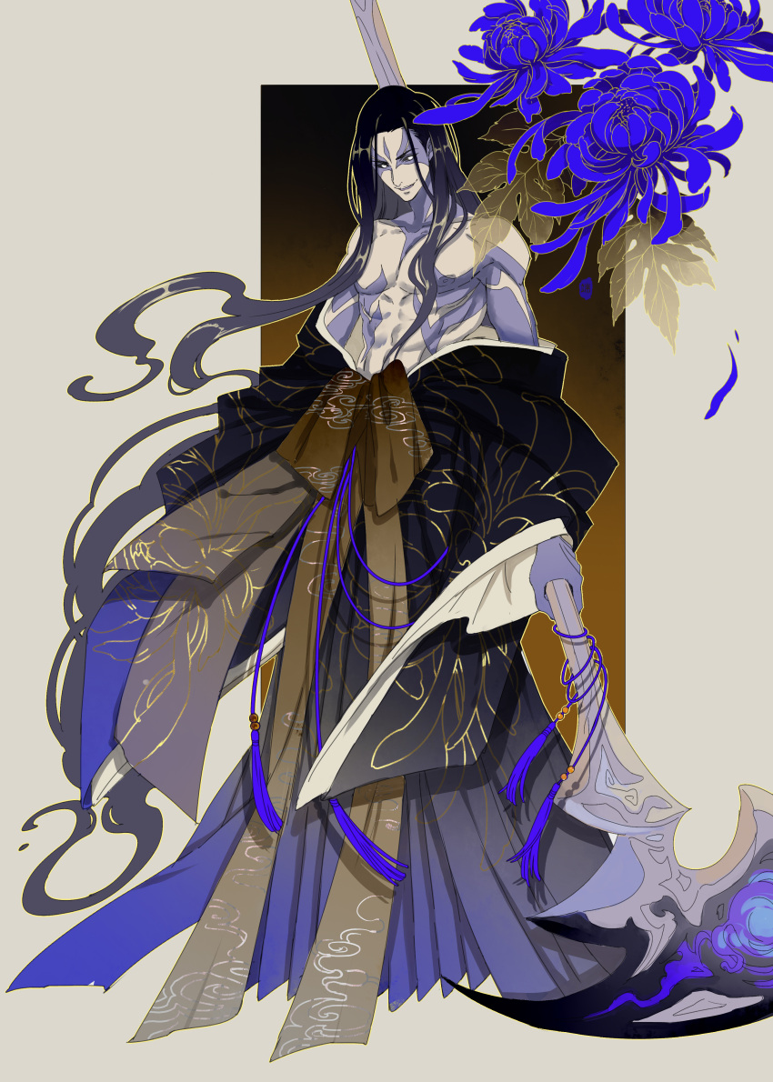 1boy absurdres aduan bare_shoulders black_hair colored_sclera commentary english_commentary flower full-body_tattoo gradient_kimono highres holding holding_scythe japanese_clothes kayn_(league_of_legends) kimono leaf league_of_legends long_hair male_focus nipples open_mouth purple_flower scythe shadow_assassin_kayn simple_background smile solo tattoo teeth topless_male upper_teeth_only very_long_hair white_eyes