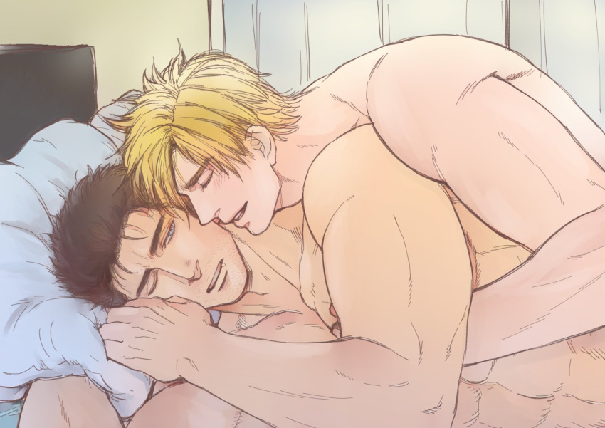 2boys abs alternate_facial_hair ao_isami bara black_hair blonde_hair couple cuddling facial_hair hand_up heads_together kdk13_(bio_kadoki13) lewis_smith lying male_focus multiple_boys muscular muscular_male nude on_bed on_side sideburns_stubble sparse_stubble stubble thick_eyebrows upper_body yaoi yuuki_bakuhatsu_bang_bravern