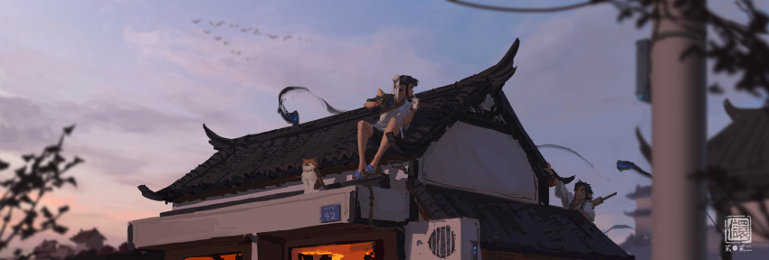 2girls air_conditioner architecture bird black_hair bun_cover cat climbing cloud cup double_bun drinking drinking_straw drinking_straw_in_mouth east_asian_architecture food hair_bun highres holding holding_cup holding_food kan_liu_(666k) multiple_girls on_roof original outdoors pointy_ears robe seal_impression short_hair sidelocks signature sitting sitting_on_roof sky slippers sword sword_on_back tree utility_pole weapon weapon_on_back white_robe