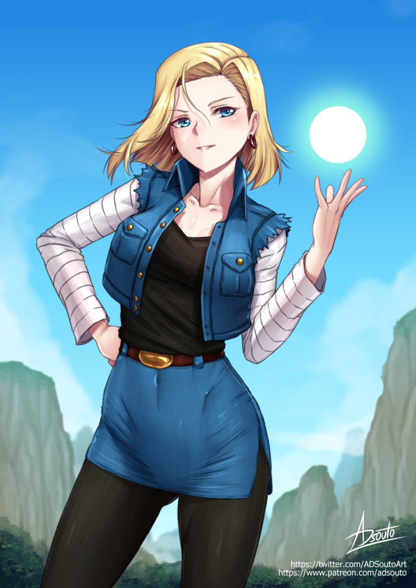 1girl adsouto android_18 asymmetrical_hair belt blonde_hair blue_eyes collarbone denim denim_skirt denim_vest dragon_ball dragon_ball_z earrings energy_ball hand_on_own_hip highres jewelry mountain pantyhose short_hair signature skirt solo variant_set