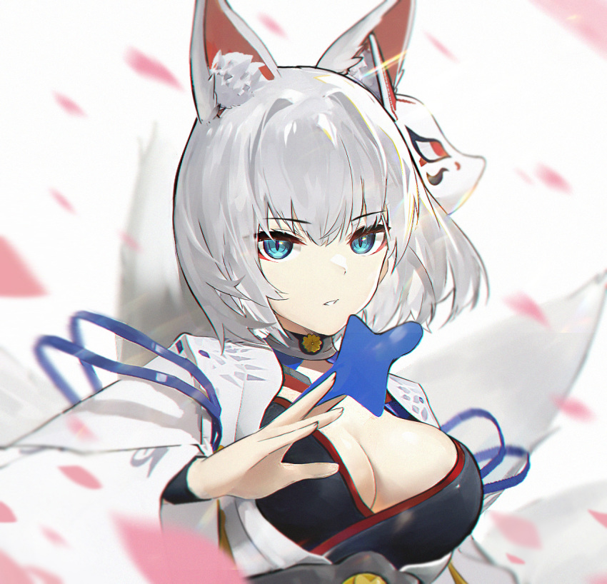 1girl animal_ear_fluff animal_ears aqua_eyes azur_lane banxuan_c2ka blurry breasts cleavage depth_of_field eyebrows_visible_through_hair eyeliner fox_ears fox_mask highres kaga_(azur_lane) large_breasts makeup mask mask_on_head parted_lips shikigami short_hair silver_hair solo underbust upper_body