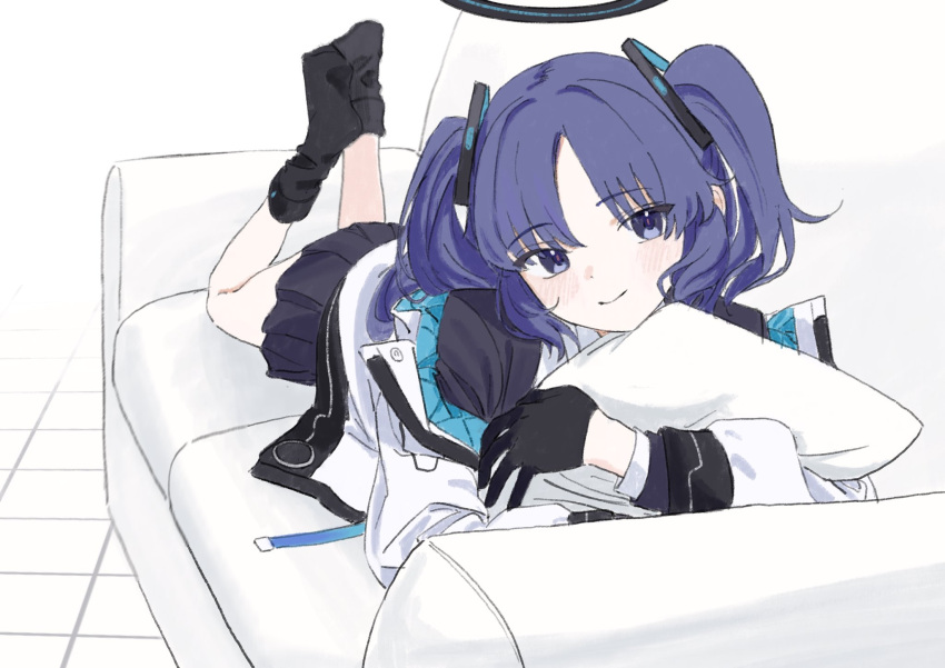 1girl black_gloves black_jacket black_skirt black_socks blue_archive blush closed_mouth commission couch gloves gomibako_(gomibako_price) halo highres hugging_object jacket long_hair looking_at_viewer lying on_couch on_stomach parted_bangs pillow pillow_hug pleated_skirt purple_eyes purple_hair red_pupils skeb_commission skirt smile socks solo tile_floor tiles two_side_up white_jacket yuuka_(blue_archive)
