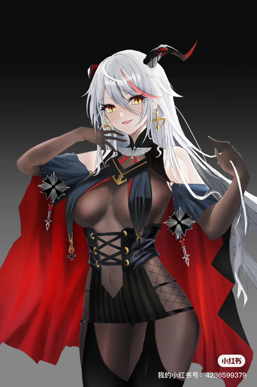 1girl absurdres aegir_(azur_lane) agenda_si_de_beishang azur_lane bare_shoulders bodystocking breast_curtains breasts brown_gloves chinese_commentary clothing_cutout covered_navel cowboy_shot cross cross-laced_clothes cross_earrings demon_horns earrings elbow_gloves gloves grey_background hair_between_eyes highres horns iron_cross jewelry large_breasts long_hair looking_at_viewer multicolored_hair navel_cutout red_hair simple_background solo streaked_hair two-tone_hair very_long_hair white_hair yellow_eyes