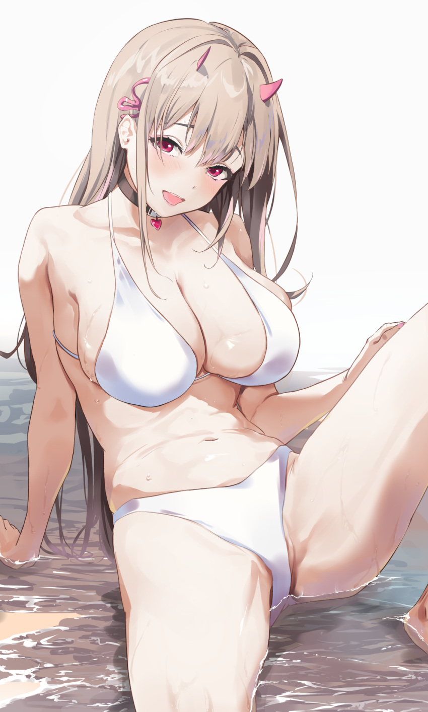 1girl bare_shoulders bikini blush breasts choker cleavage collarbone goddess_of_victory:_nikke highres horns kuu_(user_gngs5284) large_breasts light_brown_hair long_hair looking_at_viewer navel open_mouth pink_eyes sitting solo swimsuit thighs viper_(nikke) water white_bikini