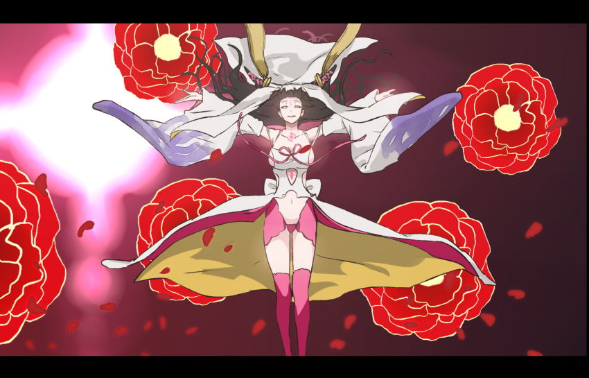 1girl arms_up black_hair black_horns boots breasts chest_tattoo cutout_above_navel derivative_work detached_sleeves dress falling_petals fate/extra fate/extra_ccc fate/grand_order fate_(series) feet_out_of_frame flower forehead_tattoo grin hair_floating_upwards highres horn_ornament horn_ring horns kakegurui kibou large_breasts letterboxed long_hair long_horns long_sleeves looking_at_viewer navel outstretched_arms panties petals pink_footwear pink_horns pink_panties pink_ribbon red_flower ribbon sessyoin_kiara sideboob smile solo stomach_tattoo tassel tattoo thigh_boots underwear white_dress white_sleeves white_veil wide_sleeves yellow_eyes yellow_tassel