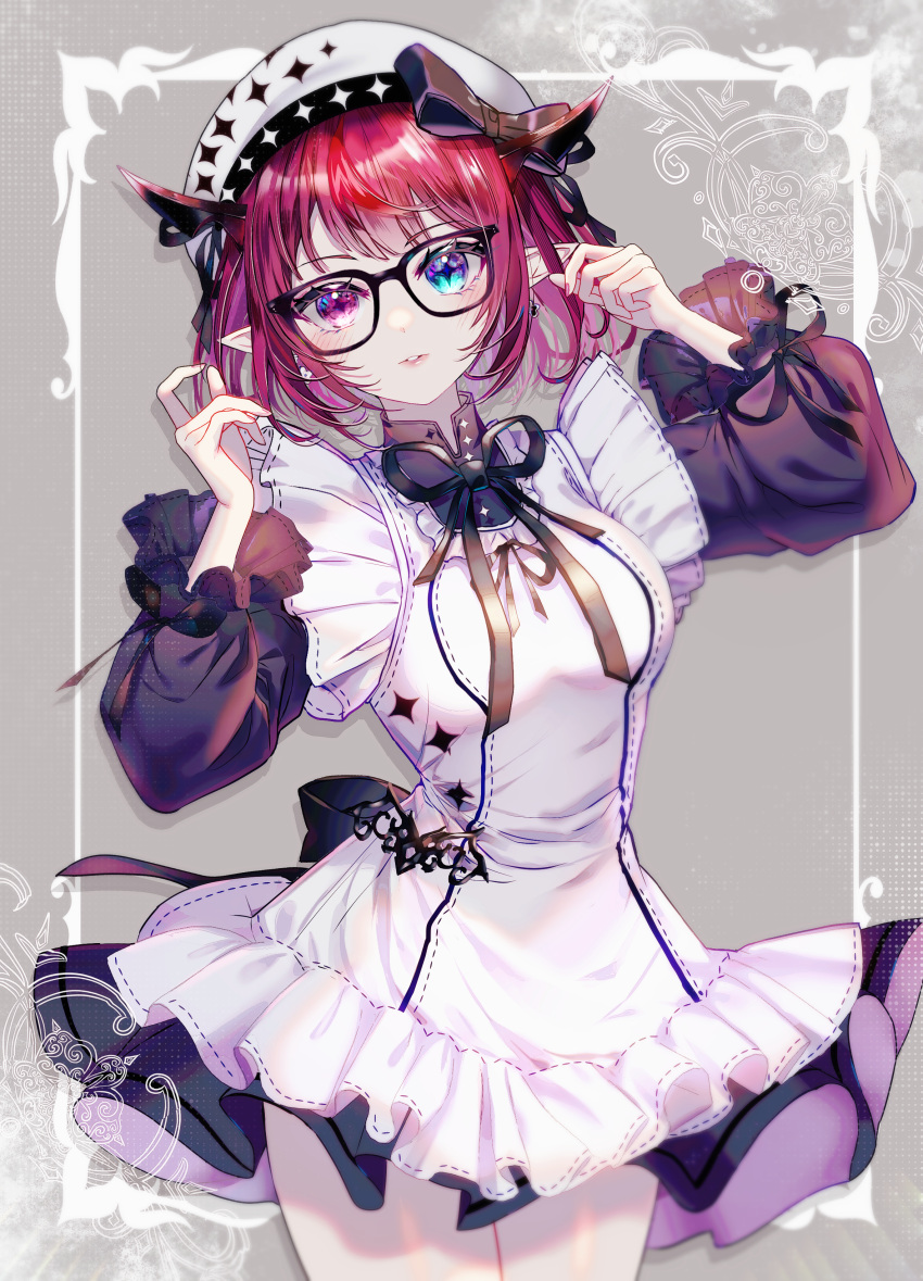 1girl absurdres alternate_costume beret bespectacled black-framed_eyewear black_dress blue_eyes collared_shirt commentary cross-shaped_pupils dress earrings english_commentary frilled_dress frills glasses hands_up hat heterochromia highres hololive hololive_english horns irys_(hololive) jewelry juliet_sleeves layered_dress lolita_fashion long_sleeves looking_at_viewer official_alternate_hair_length official_alternate_hairstyle parted_lips pinafore_dress pink_eyes pointy_ears puffy_sleeves red_hair shirt sleeveless sleeveless_dress solo sowon symbol-shaped_pupils virtual_youtuber white_dress white_hat