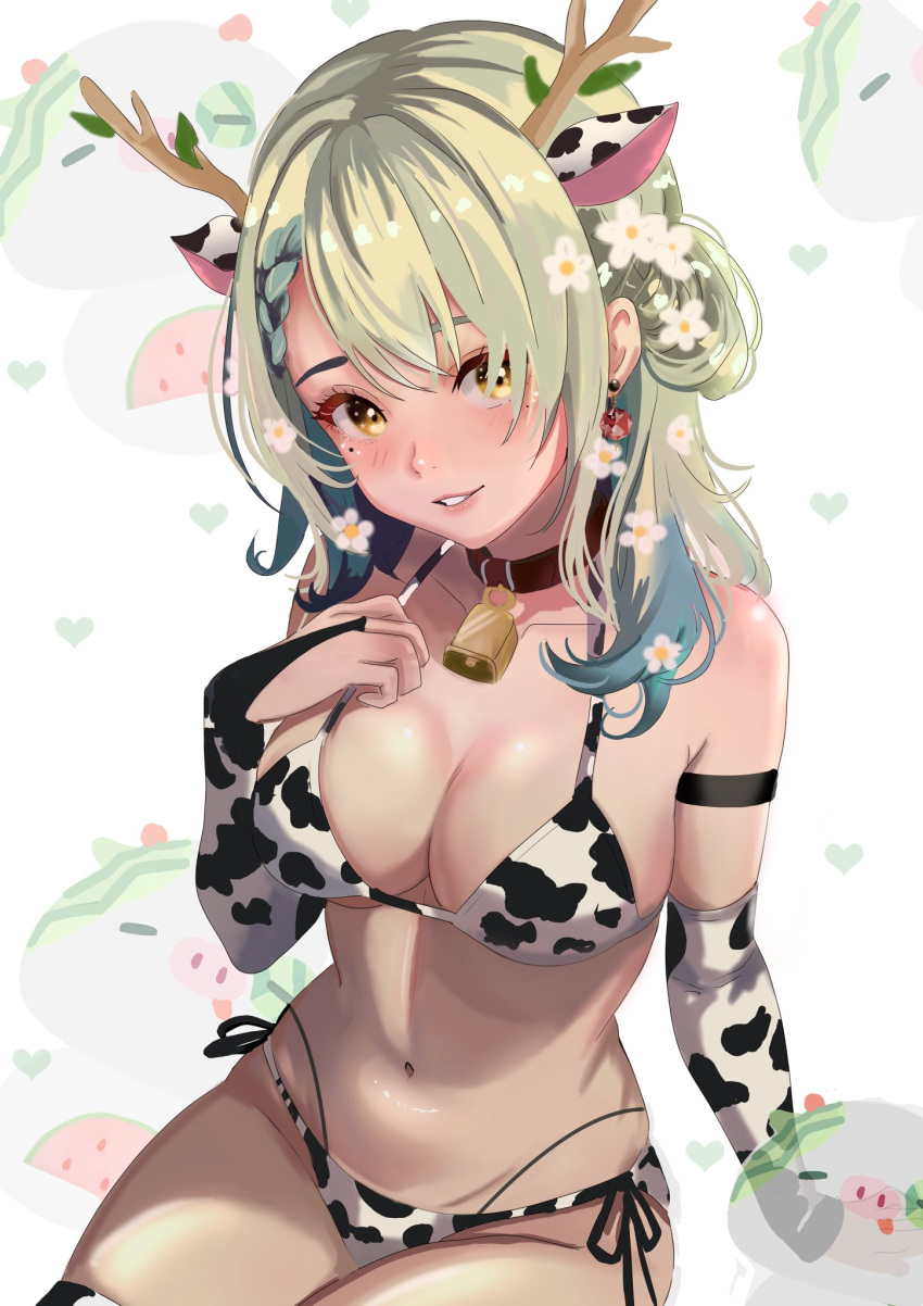 1girl alternate_costume animal_ears animal_print arm_strap bell bikini braid braided_bangs branch breasts brown_collar bubblegumiiarts ceres_fauna cleavage collar cow_ears cow_print cow_print_bikini cow_print_gloves cow_print_thighhighs cowbell earrings flower food fruit gloves green_hair hair_flower hair_ornament heart highres hololive hololive_english horns jewelry long_hair looking_at_viewer mole mole_under_eye navel print_bikini print_gloves print_thighhighs sitting smile solo swimsuit teeth thighhighs tree_horns virtual_youtuber watermelon white_background yellow_eyes