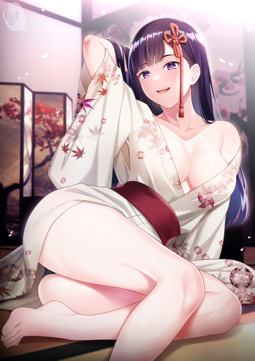 1girl arm_support arm_up artist_logo bare_legs barefoot black_panties blunt_ends blurry blurry_background breasts collarbone depth_of_field eyelashes feet floral_print foot_out_of_frame full_body hair_ornament highres indoors japanese_clothes kimono knees_together_feet_apart large_breasts leaning_to_the_side legs long_hair looking_at_viewer mato_seihei_no_slave obi on_ground open_mouth panties parted_bangs print_kimono purple_eyes purple_hair red_sash sash shadow sitting solo teeth toenails toes underwear upper_teeth_only white_kimono wide_sleeves yamashiro_ren zaregoto_tsukai_no_deshi