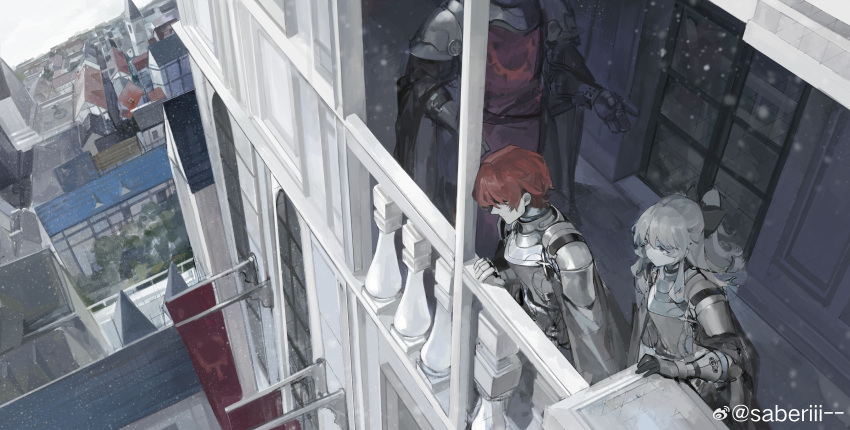 1girl 2boys absurdres armor balcony black_bow blonde_hair bow cape chinese_commentary closed_mouth cloud commentary_request day expressionless full_armor grey_cape grey_eyes hair_bow hair_over_eyes hand_on_railing head_out_of_frame highres knight long_hair looking_afar looking_down multiple_boys original outdoors outstretched_hand ponytail red_hair saberiii scenery short_hair sky snowing town watermark weibo_logo weibo_username white_sky window