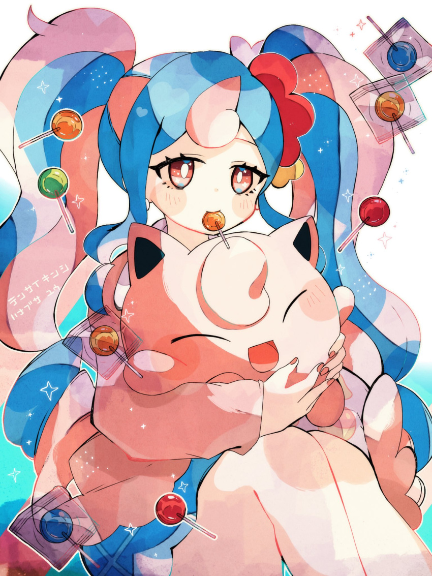 &gt;_&lt; 1girl :d blue_hair candy commentary_request eyelashes fairy_miku_(project_voltage) food hanabusaoekaki hatsune_miku highres jigglypuff lollipop looking_ahead multicolored_hair open_mouth pink_hair pokemon pokemon_(creature) project_voltage red_eyes simple_background sitting smile solo twintails two-tone_hair vocaloid white_background xd