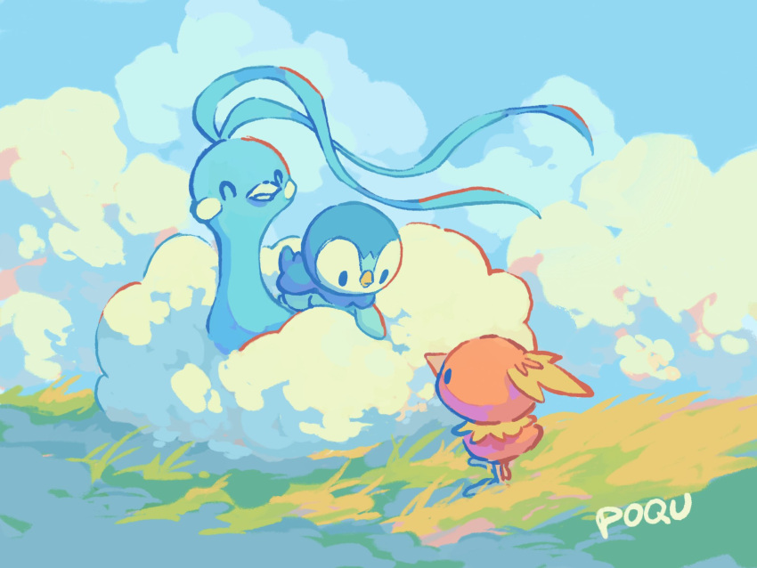 ^_^ altaria animal_focus bird blue_skin blue_sky closed_eyes cloud colored_skin commentary english_commentary fluffy highres no_humans on_grass piplup pokemon pokemon_(creature) poqu sky solid_oval_eyes torchic