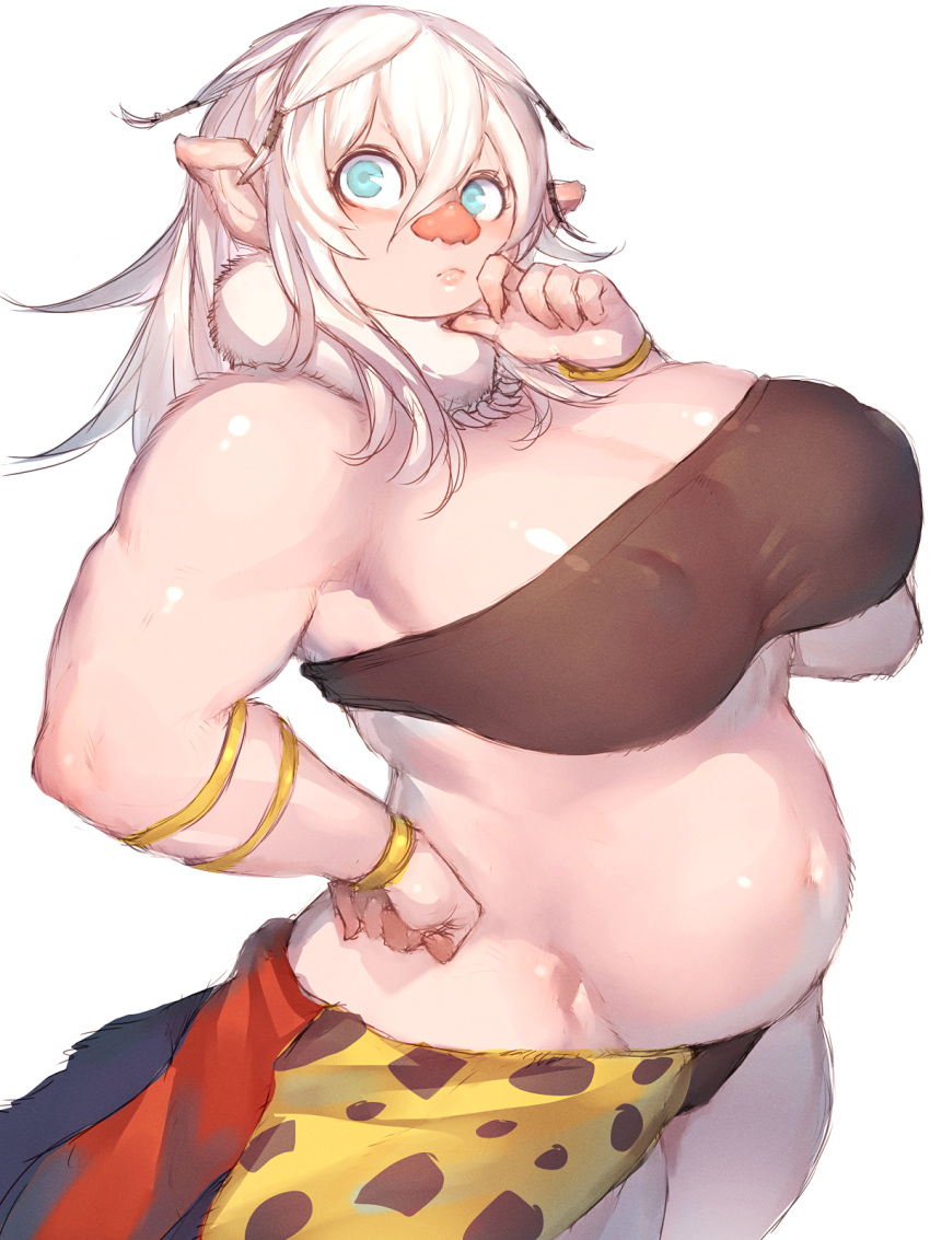 1girl animal_ears animal_print armlet bandeau belly bracelet breasts covered_nipples cowboy_shot dungeon_meshi female_orc fumio_(rsqkr) hair_ornament hand_on_own_chin hand_on_own_hip highres huge_breasts jewelry leed_(dungeon_meshi) leopard_print looking_at_viewer medium_hair monster_girl navel necklace orc pig_ears plump snout solo tooth_necklace white_background white_fur white_hair