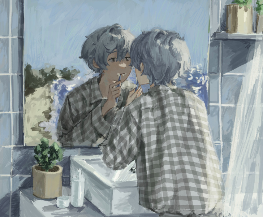 1boy absurdres bathroom brushing_teeth grey_hair gyeonnggye highres indoors looking_at_object mirror original plant shirt solo