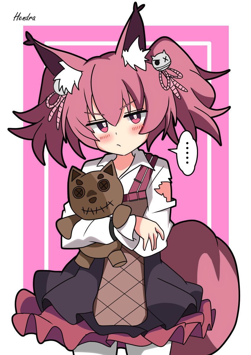 ... 1girl absurdres animal_ear_fluff animal_ears arknights black_skirt blush border closed_mouth collared_shirt crossed_arms fox_ears fox_girl frown hair_between_eyes hendra highres holding holding_stuffed_toy hugging_object inset_border layered_skirt long_sleeves looking_at_viewer miniskirt outside_border pantyhose pink_background pink_eyes pink_hair pleated_skirt red_skirt shamare_(arknights) shirt short_hair short_twintails sidelocks signature simple_background skirt solo spoken_ellipsis stuffed_animal stuffed_toy suspender_skirt suspenders teddy_bear twintails v-shaped_eyebrows white_border white_pantyhose white_shirt