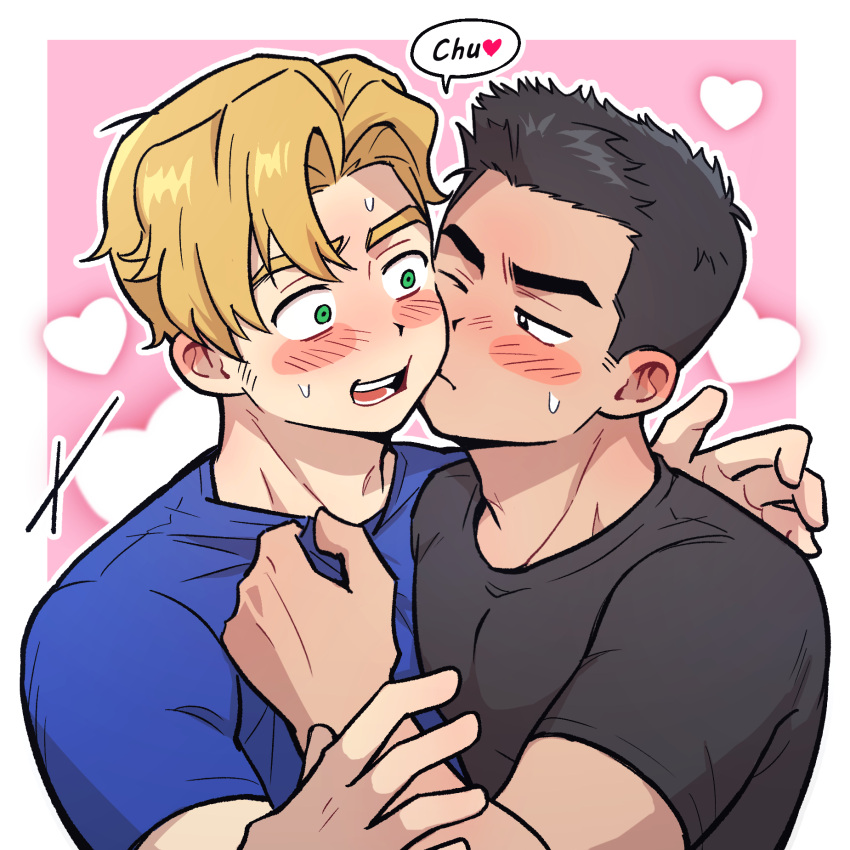 2boys ao_isami bara black_hair blonde_hair couple facial_hair heart heart_background highres kiss kissing_cheek lewis_smith male_focus multiple_boys one_eye_closed pectorals shirt_tug shy sideburns_stubble spoken_heart stubble surprise_kiss surprised thick_eyebrows upper_body wasted_m9 wide-eyed yaoi yuuki_bakuhatsu_bang_bravern