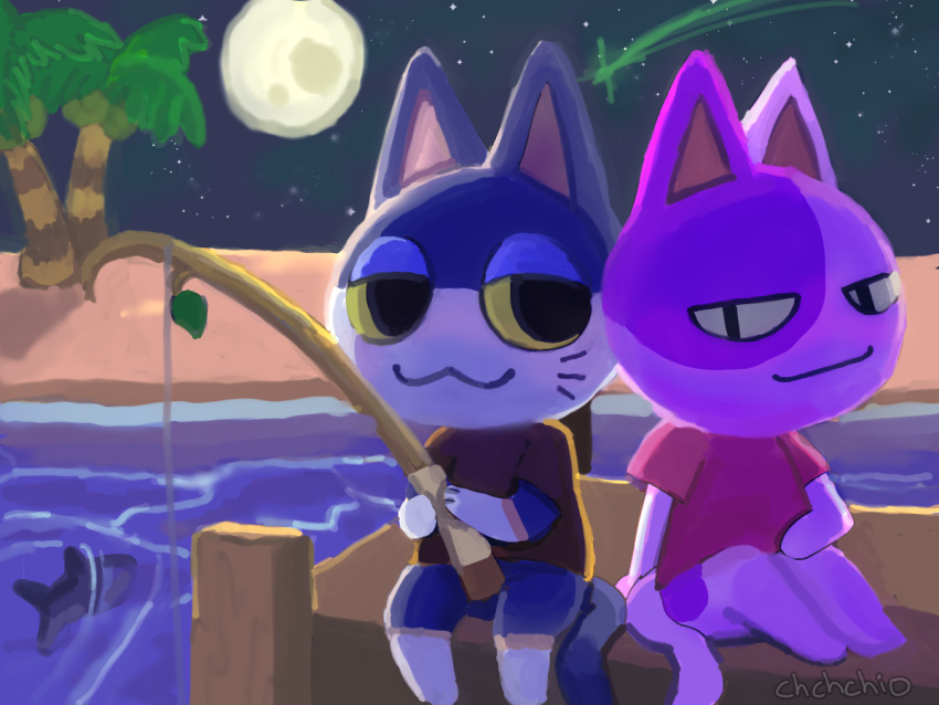 animal_crossing beach bob_(animal_crossing) chio date domestic_cat duo felid feline felis fish fishing fishing_rod humanoid male male/male mammal marine nintendo palm_tree plant punchy_(animal_crossing) shooting_star tree