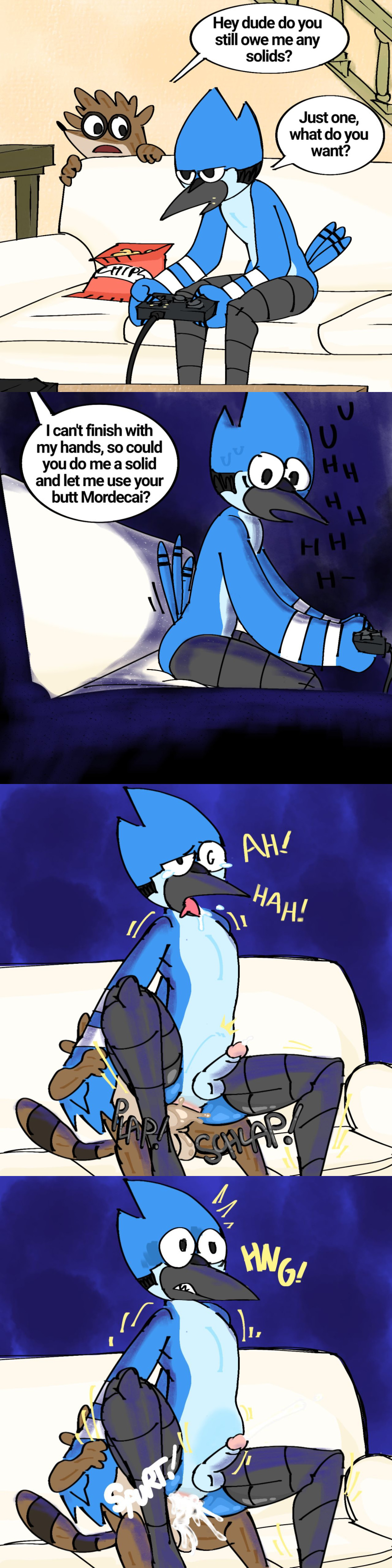 1:4 absurd_res anal anal_penetration avian bird blue_jay bodily_fluids cartoon_network comic corvid cum cum_in_ass cum_inside duo english_text genital_fluids hi_res jay_(bird) long_image male male/male male_penetrated male_penetrating male_penetrating_male mordecai_(regular_show) new_world_jay oscine passerine pb-art penetration regular_show rigby_(regular_show) tall_image text