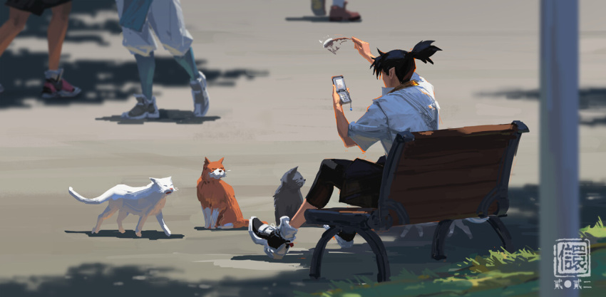 1boy 3others black_hair black_leggings black_shorts cat cat_teaser day from_behind holding holding_cat_teaser holding_phone kan_liu_(666k) leggings multiple_others on_bench original outdoors phone pole ponytail seal_impression shirt shoes short_hair short_sleeves shorts sidewalk signature sitting sneakers solo_focus white_shirt