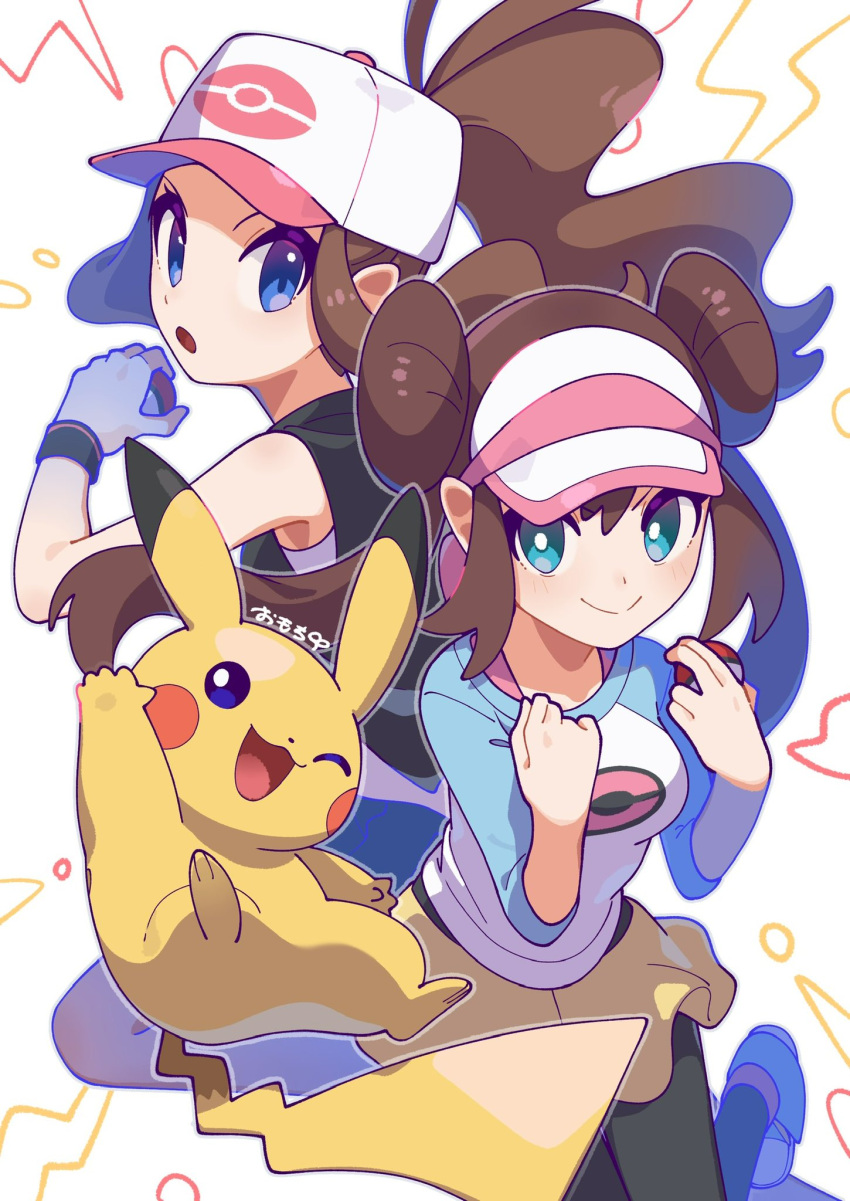 2girls baseball_cap blue_eyes brown_hair closed_mouth colored_skin commentary_request double_bun doughnut_hair_bun hair_bun hat high_ponytail highres hilda_(pokemon) looking_at_viewer multiple_girls omochi_(omotimotittona3) one_eye_closed open_mouth pantyhose pikachu poke_ball_print pokemon pokemon_(creature) pokemon_bw pokemon_bw2 print_headwear print_shirt rosa_(pokemon) shirt smile tail visor_cap yellow_skin