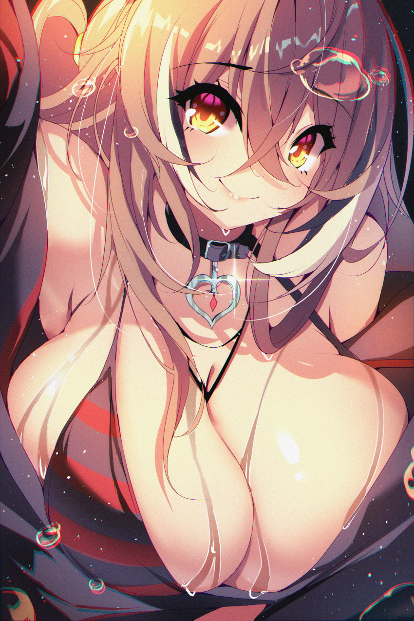 1girl absurdres adapted_costume belt_collar bikini black_bikini black_collar black_hair blush breasts brown_eyes brown_hair cleavage collar highres hololive hololive_english large_breasts long_hair looking_at_viewer multicolored_hair nanashi_mumei nanashi_mumei_(emo) official_alternate_costume one_side_up red_bikini smile solo streaked_hair striped_bikini striped_clothes swimsuit the0neulost virtual_youtuber wet white_hair