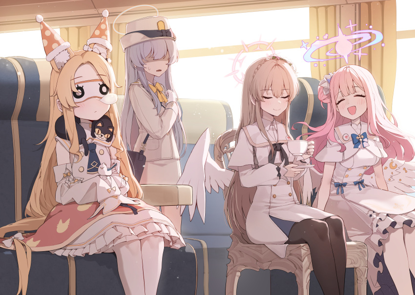 4girls ^_^ absurdres bird black_pantyhose blonde_hair blue_archive blush brown_hair capelet closed_eyes covered_eyes cup detached_sleeves dress ear_covers eye_mask feathered_wings feet_out_of_frame hair_bun halo highlander_railway_academy_student_(blue_archive) highres holding holding_cup holding_saucer kokukyukeo lap_blanket long_hair mika_(blue_archive) multiple_girls nagisa_(blue_archive) nose_bubble pantyhose pink_hair saucer seia_(blue_archive) single_side_bun sitting sleeping sleeves_past_fingers sleeves_past_wrists smile straight_hair tea_party train_interior very_long_hair white_capelet white_dress white_pantyhose white_wings wings