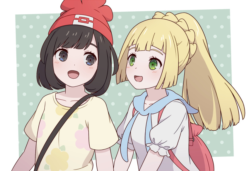 2girls :d backpack bag beanie black_hair blonde_hair blush braid collarbone commentary_request eyelashes green_background green_eyes happy hat lillie_(pokemon) long_hair mozukusa multiple_girls open_mouth pokemon pokemon_sm polka_dot polka_dot_background ponytail red_hat selene_(pokemon) shirt short_sleeves smile t-shirt upper_body white_shirt yellow_shirt