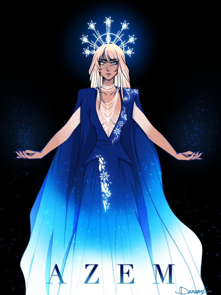 azem_(ff14) blonde_hair blue_cape blue_dress breasts brown_eyes cape cleavage commentary dane_(daneari) dark-skinned_female dark_skin dress english_commentary final_fantasy final_fantasy_xiv frown gradient_dress halo highres jewelry long_dress medium_breasts multiple_necklaces necklace outstretched_arms plunging_neckline signature