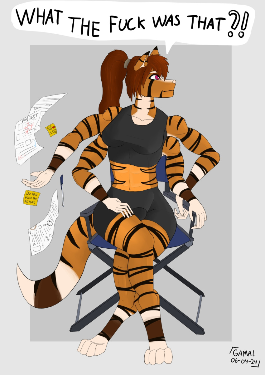 anthro breasts brown_hair bulge chair felid fur furniture gamal hair herm hi_res intersex kayle_mirash mammal medium_breasts multi_arm multi_limb muscular muscular_anthro muscular_intersex orange_body orange_fur pantherine profanity sitting solo tiger wide_hips