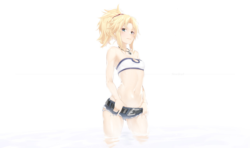 1girl absurdres ass_visible_through_thighs belt blonde_hair breasts denim denim_shorts fate/grand_order fate_(series) green_eyes groin hair_ornament hair_scrunchie highres jewelry looking_at_viewer mordred_(fate) mordred_(fate)_(all) navel necklace ponytail red_scrunchie reflection scrunchie shorts small_breasts solo takatun223 thighs wading water white_background