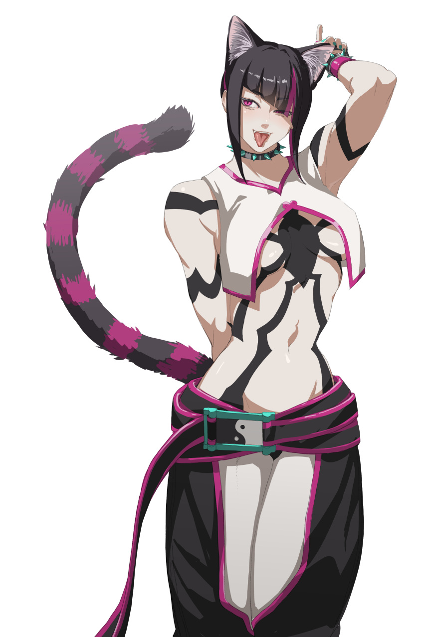 1girl absurdres animal_ears arm_up bare_shoulders belt black_hair body_markings breasts cat_ears cat_tail collar commentary diagonal_bangs han_juri highres kemonomimi_mode kirasuki2711 medium_breasts multicolored_hair navel pink_eyes pink_hair sidelocks simple_background solo spiked_collar spikes standing streaked_hair street_fighter street_fighter_6 tail teeth tongue tongue_out two-tone_hair upper_teeth_only white_background