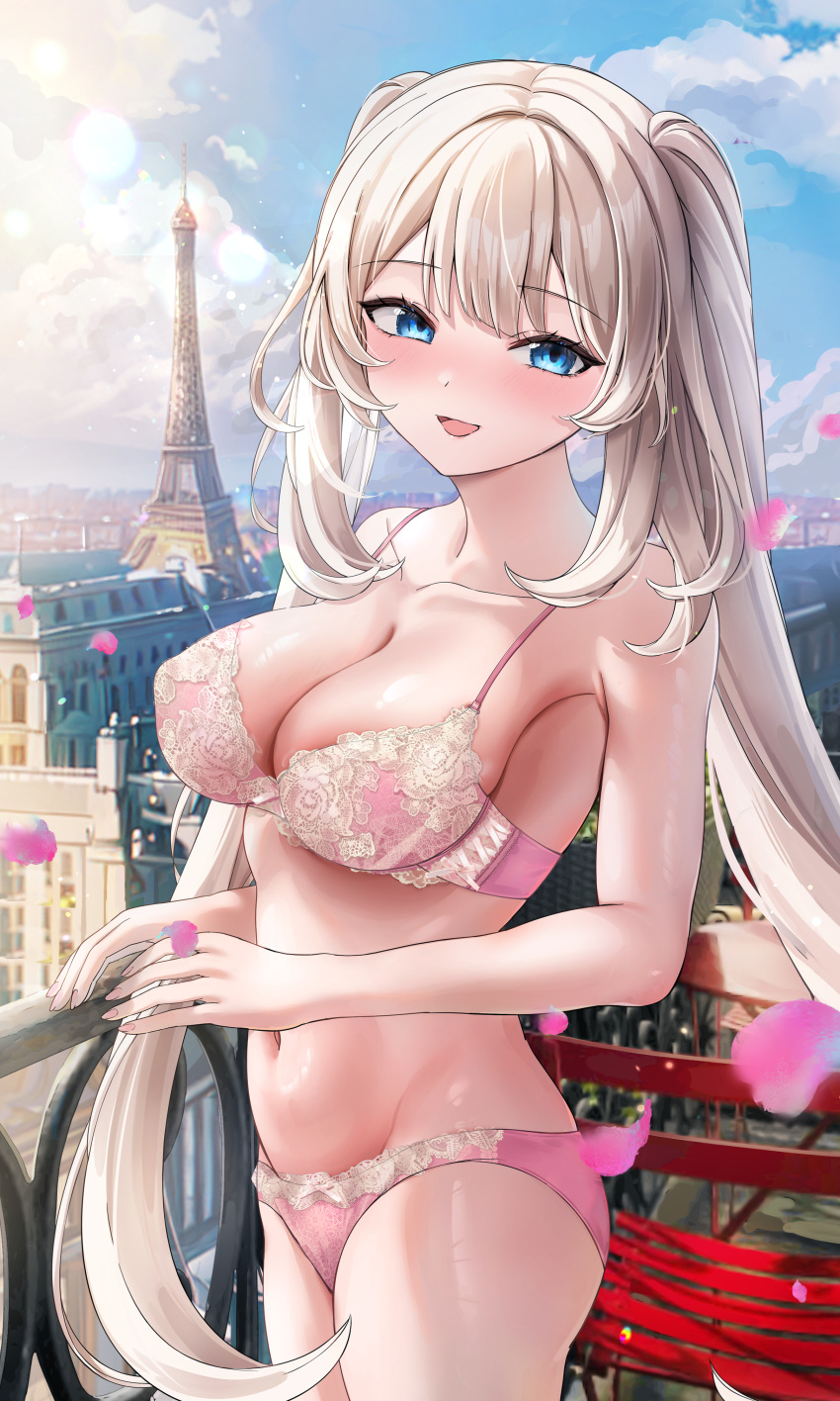 1girl absurdres blue_eyes blue_sky blush bra breasts building city cityscape cloud collarbone commentary_request day eiffel_tower fate/grand_order fate_(series) highres lace-trimmed_bra lace-trimmed_panties lace_trim large_breasts lens_flare light_brown_hair long_hair looking_at_viewer marie_antoinette_(fate) navel open_mouth outdoors panties petals pink_bra railing sidelocks sky smile standing twintails underwear underwear_only very_long_hair yurusite