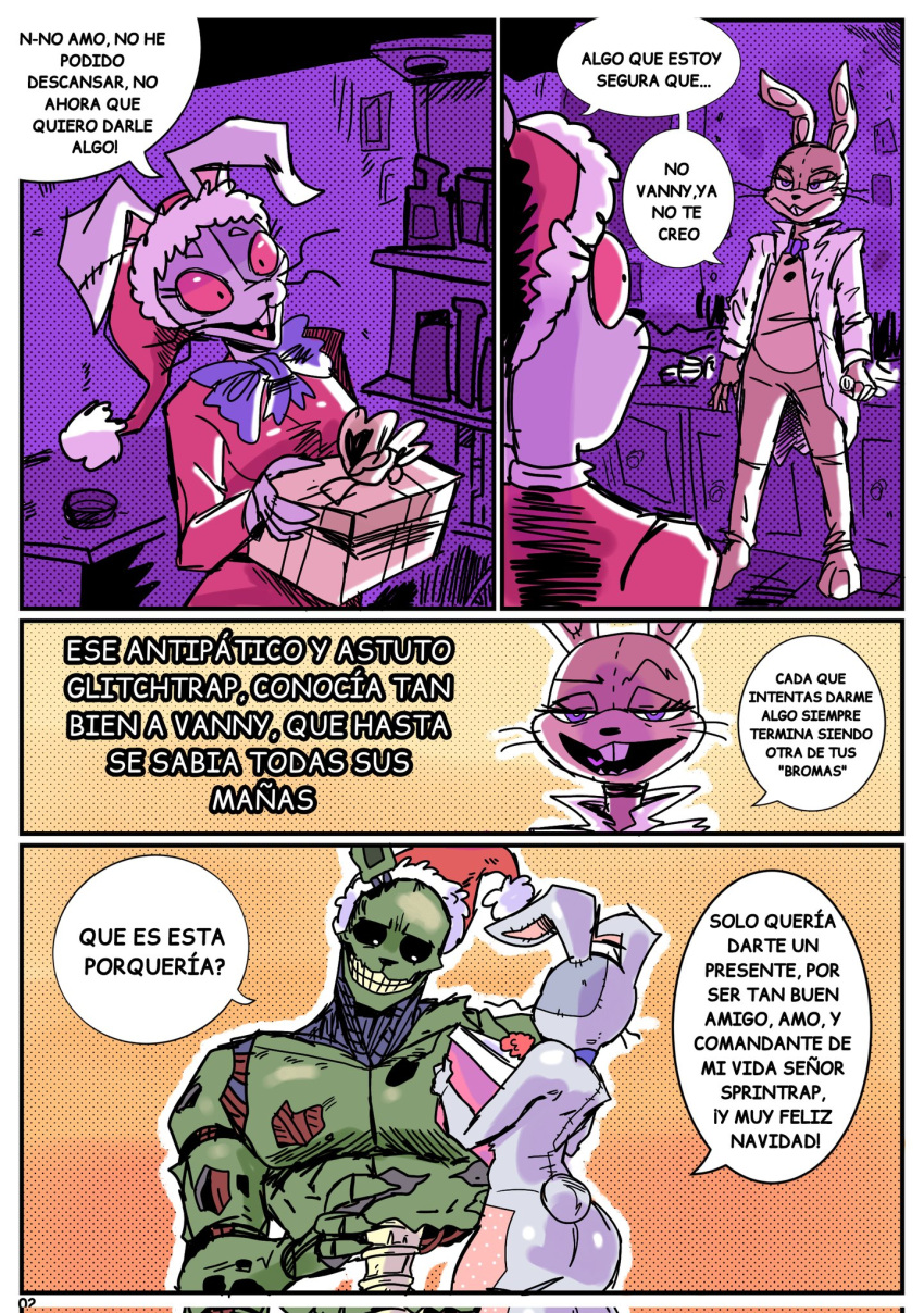 anthro border comic eyelashes female five_nights_at_freddy's five_nights_at_freddy's_3 gift glitchtrap group hi_res lagomorph leporid machine male mammal outline rabbit red_sclera renita_reed robot scottgames spanish_text speech_bubble spots springtrap_(fnaf) standing text translation_request trio white_border white_outline