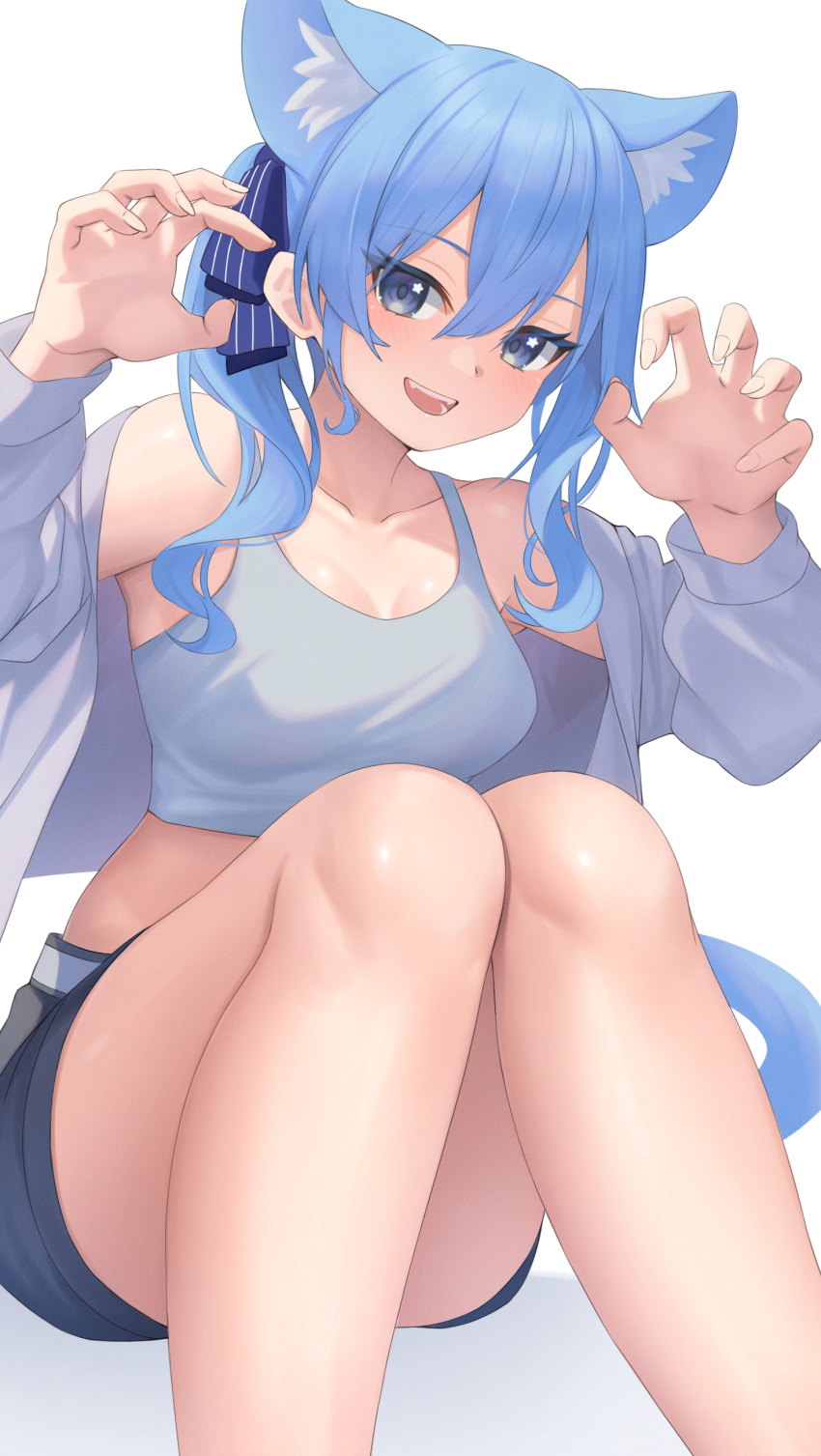 1girl :d absurdres alternate_breast_size animal_ear_fluff animal_ears aoi_zerii belt blue_eyes blue_hair blue_ribbon blue_shorts breasts cat_ears cat_tail claw_pose collarbone commentary extra_ears fangs feet_out_of_frame hair_between_eyes hair_ribbon hands_up highres hololive hoshimachi_suisei jacket knees_up long_hair looking_at_viewer medium_breasts off_shoulder ribbon short_shorts shorts side_ponytail simple_background single_sidelock sitting smile solo star_(symbol) star_in_eye symbol_in_eye tail tank_top thighs virtual_youtuber white_background white_belt white_jacket white_tank_top