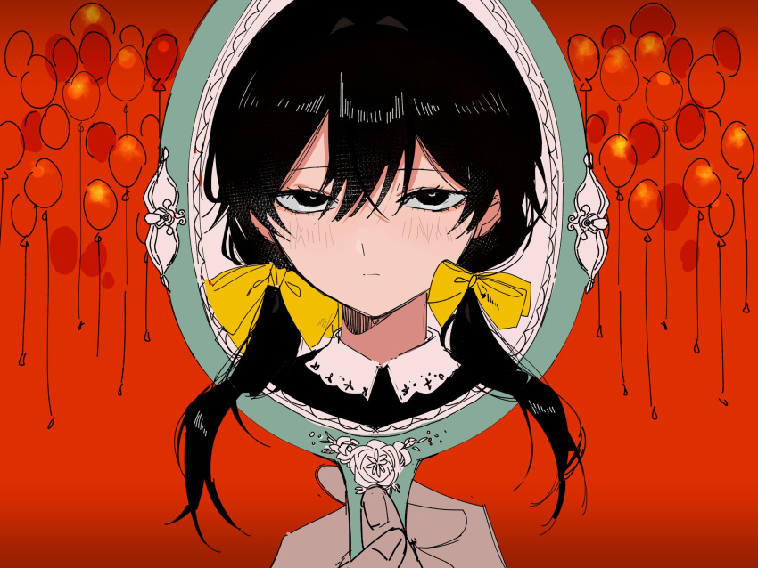 1girl apricot_(vocaloid) balloon black_eyes black_hair black_shirt blush bow closed_mouth hair_bow hair_over_shoulder half-closed_eyes hand_mirror highres holding holding_mirror long_hair looking_at_viewer low_twintails mirror multiple_hair_bows pov pov_hands red_background s5ju shirt simple_background through_medium through_mirror twintails two-handed vocaloid yellow_bow