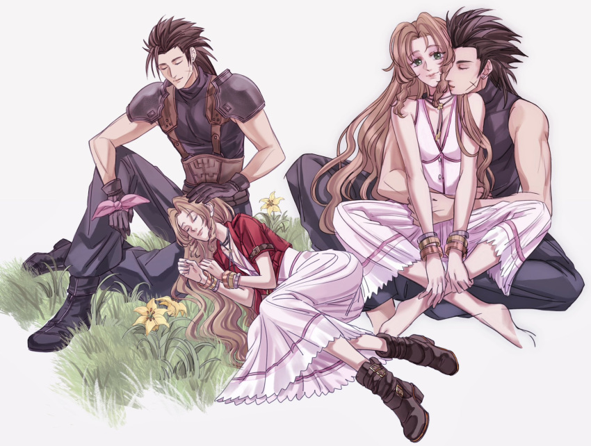1boy 1girl aerith_gainsborough armor baggy_pants bangle bare_shoulders barefoot black_gloves black_hair boots bracelet brown_hair closed_eyes closed_mouth commentary couple crisis_core_final_fantasy_vii cross_scar dress english_commentary feet final_fantasy final_fantasy_vii final_fantasy_vii_rebirth final_fantasy_vii_remake flower full_body gloves grass green_eyes hair_slicked_back hand_on_another's_head head_on_another's_shoulder highres hug hug_from_behind indian_style jacket jewelry knee_up lap_pillow long_hair looking_at_viewer lying on_side pants parted_lips pink_dress pink_ribbon red_jacket ribbon scar scar_on_cheek scar_on_face shoulder_armor sitting sitting_on_lap sitting_on_person sleeping sleeveless sleeveless_turtleneck smile spiked_hair sweater sylvthea turtleneck turtleneck_sweater yellow_flower zack_fair