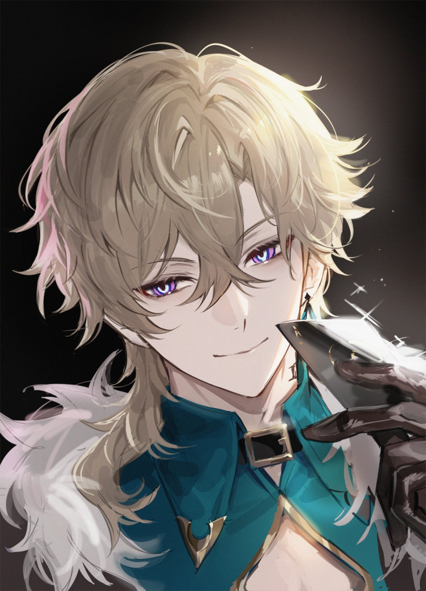 1boy aventurine_(honkai:_star_rail) belt_buckle black_gloves blonde_hair buckle closed_mouth collared_shirt earrings fractalmagnolia fur_trim gloves hair_between_eyes hand_up highres holding honkai:_star_rail honkai_(series) jewelry long_hair male_focus neck_tattoo purple_eyes shirt smile solo tattoo