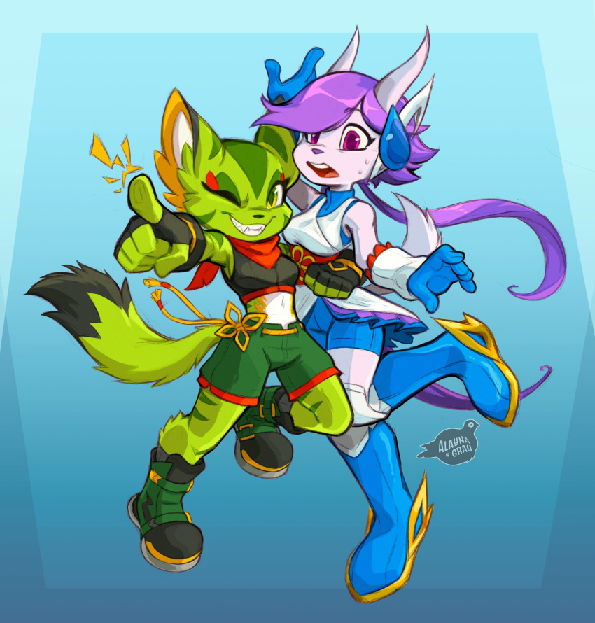 2024 alaynakgray anthro aquatic_dragon bandanna boots breasts carol_tea clothing dipstick_tail dragon duo eyebrows eyelashes felid feline felis female fingerless_gloves footwear freedom_planet fur galaxytrail gesture gloves green_body green_eyes green_fur hair hand_gesture handwear hi_res horn kerchief long_hair looking_at_viewer mammal marine markings midriff mythological_creature mythological_scalie mythology one_eye_closed open_mouth pink_eyes pointing purple_body purple_hair red_bandanna red_kerchief sash_lilac scalie small_breasts smile striped_body striped_fur stripes tail tail_markings wildcat wink