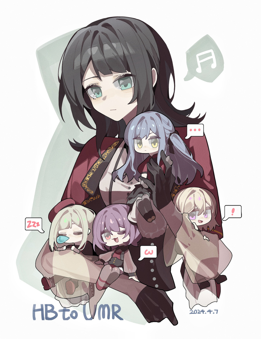 ! ... 5girls :3 absurdres ave_mujica_(bang_dream!) bang_dream! bang_dream!_it's_mygo!!!!! beret black_corset black_gloves black_hair blonde_hair blue_hair capelet closed_eyes closed_mouth commentary corset dated gloves green_eyes grey_hair haobuguniao happy_birthday hat highres long_hair long_sleeves medium_hair mini_person misumi_uika multiple_girls one_eye_closed open_mouth purple_eyes purple_hair red_capelet red_eyes see-through see-through_sleeves shirt short_hair sidelocks sleeping spoken_ellipsis spoken_exclamation_mark togawa_sakiko wakaba_mutsumi white_shirt yahata_umiri yellow_eyes yuutenji_nyamu zzz