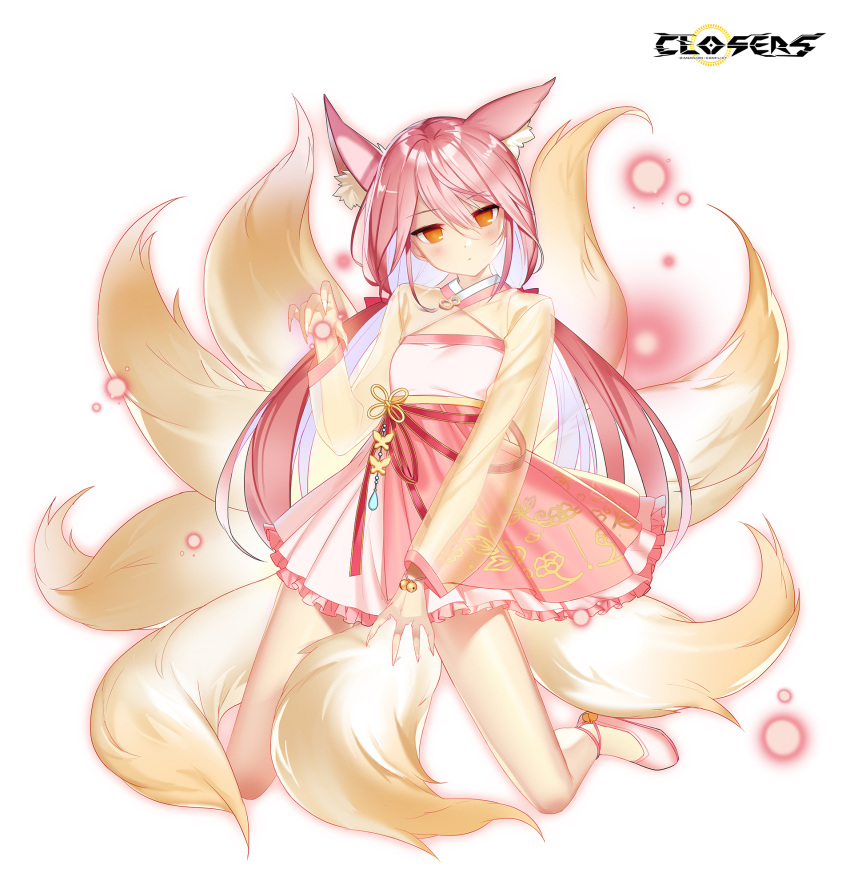 1girl alternate_hair_color animal_ear_fluff animal_ears ankle_bell claw_pose cleavage_cutout closers clothing_cutout copyright_name dot_mouth dress expressionless fingernails flat_chest fox_ears fox_girl fox_tail full_body hand_up head_tilt highres kitsune kneeling kyuubi layered_dress light_particles logo long_fingernails long_hair long_sleeves looking_at_viewer low_twintails multiple_tails no_pupils official_art orange_eyes pink_dress pink_hair see-through see-through_sleeves solo tachi-e tail tina_(closers) twintails two-tone_dress white_background white_footwear yellow_dress yellow_sleeves yellow_tail