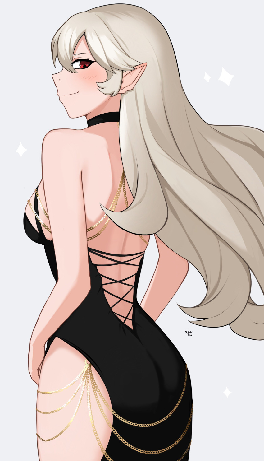 1girl absurdres alternate_costume artist_name ass bare_shoulders black_dress breasts corrin_(female)_(fire_emblem) corrin_(fire_emblem) dress fire_emblem fire_emblem_fates grey_hair halterneck highres hip_vent kgctcg looking_at_viewer medium_breasts meme modakawa_dress pointy_ears red_eyes sideboob smile solo