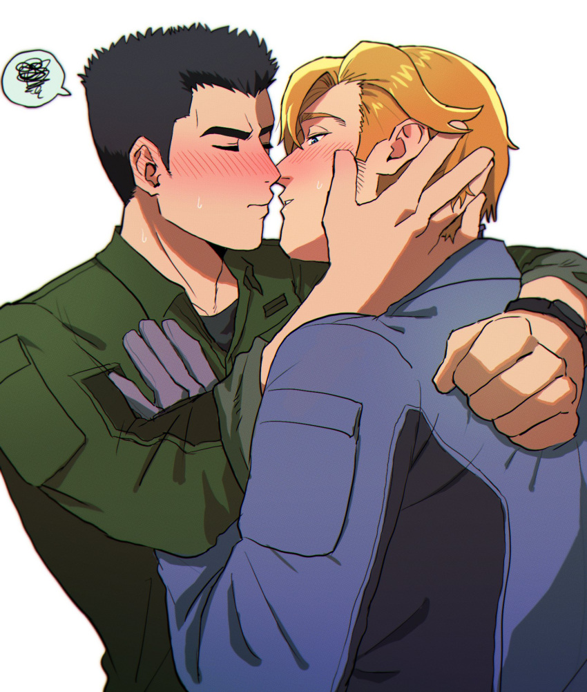2boys ao_isami black_hair blonde_hair blush couple facial_hair guruo_(gur_sp) hand_on_another's_head highres imminent_kiss lewis_smith male_focus multiple_boys sideburns_stubble spoken_squiggle squiggle stubble thick_eyebrows upper_body yaoi yuuki_bakuhatsu_bang_bravern