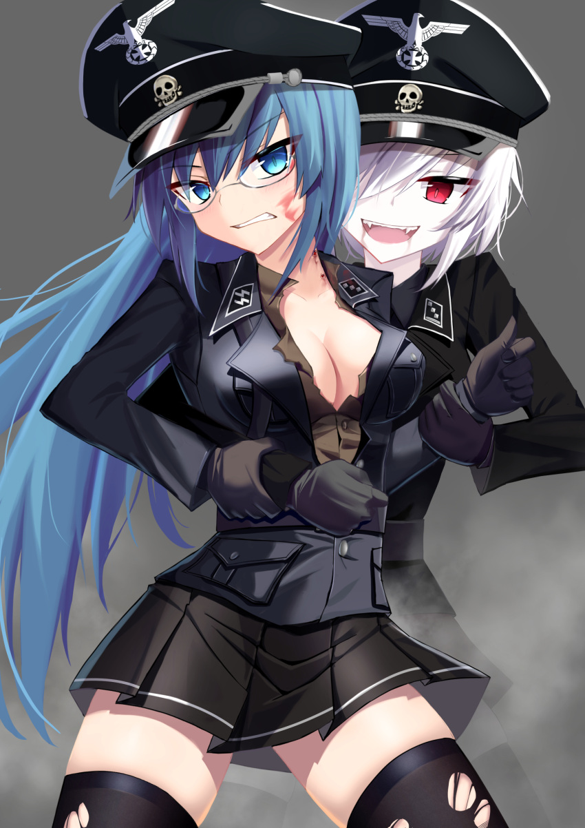 2girls arm_around_waist artistic_error bite_mark bite_mark_on_neck black_jacket black_skirt black_thighhighs blood blood_on_face blue_eyes blue_hair breast_pocket breasts brown_shirt buttons cleavage clenched_teeth colored_skin commission corruption dark_persona drooling fangs glasses gloves grey_background grey_gloves hat highres holding_another's_wrist jacket jiseki_rena long_hair medium_breasts medium_hair military_uniform miniskirt multiple_girls nazi original peaked_cap pixiv_commission pleated_skirt pocket red_eyes reichsadler restrained shirt sigrunen simple_background skirt teeth thighhighs thighs torn_clothes totenkopf tsurime uniform upper_teeth_only v-shaped_eyebrows very_long_hair white_hair white_skin zettai_ryouiki